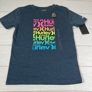 Hurley Heathered Blue Tee with Neon Rainbow Logo Small
